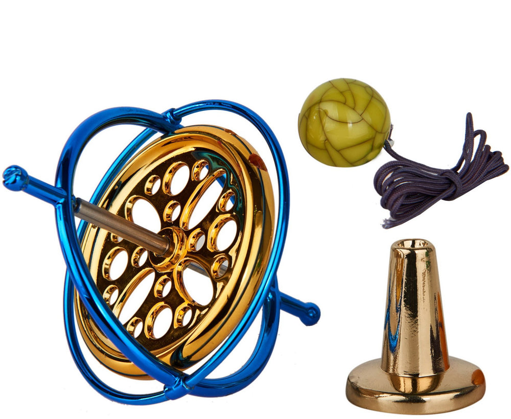 Joytech Precision gyroscope with blue frame on finger for focused, smooth balance.