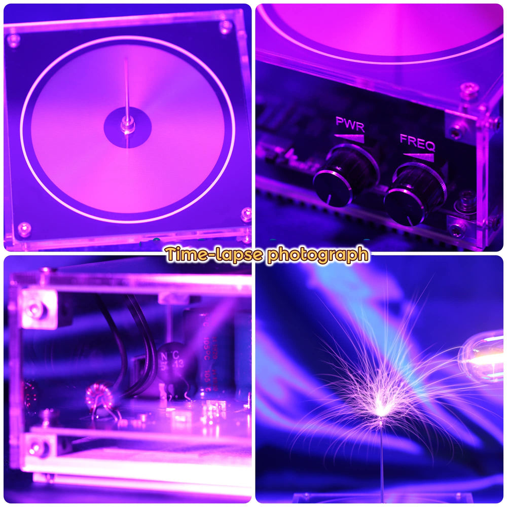 Joytech Tesla coil arc loudspeaker discharge needle use close-up illustrating arc initiation.