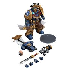 JOYTOY 1/18-scale Ultramarines Praetor with Volkite Serpenta ready for display storytelling.