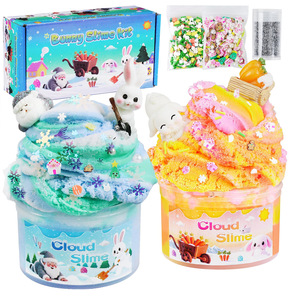 Joytry Bunny Cloud Slime Kit 7oz jars close-up with fluffy texture and bunny charm for tactile play