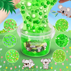Joytry Koala Slime Kit green slime close-up showing non-sticky stretchy texture.