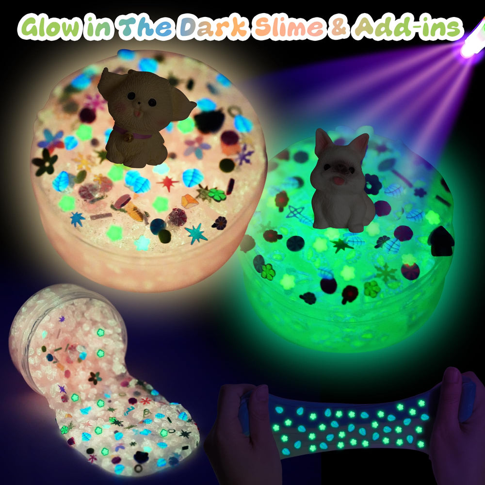 Joytry Puppy Slime Kit glow slime image highlights glowing fun after charging for nighttime play