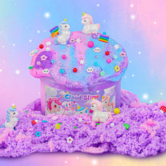 Joytry Unicorn Cloud Slime2 Kit jar 14oz highlights soft, non-sticky texture for mess-free fun.