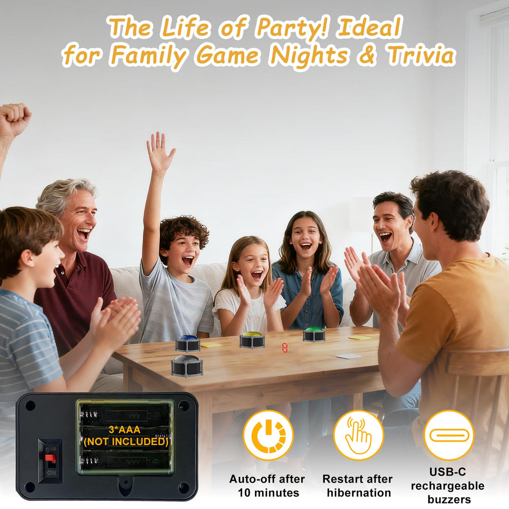 Joyublly buzzers with dynamic lights illustrating instant feedback during play.