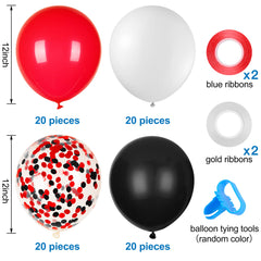 JOYYPOP graduation party decor with red-black-white balloons creates stylish ambiance.