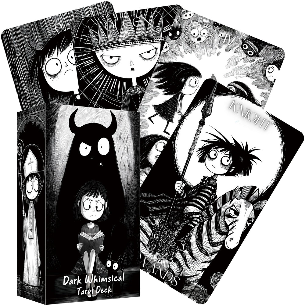 Jrskvaro Dark Whimsical Tarot Cards cover image with moody monochrome art for intriguing readings