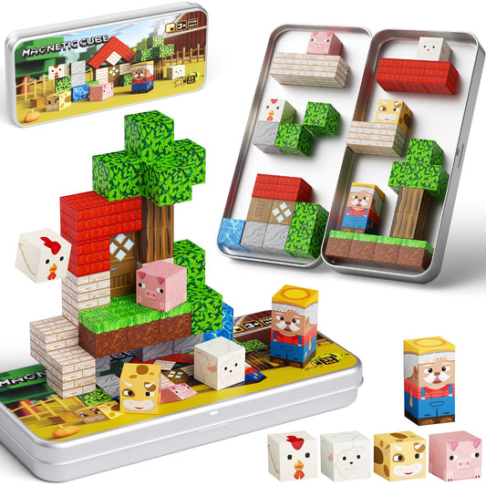 JSDKFJSA Mini Magnetic Blocks Farm Animals with portable iron box for travel play and storage