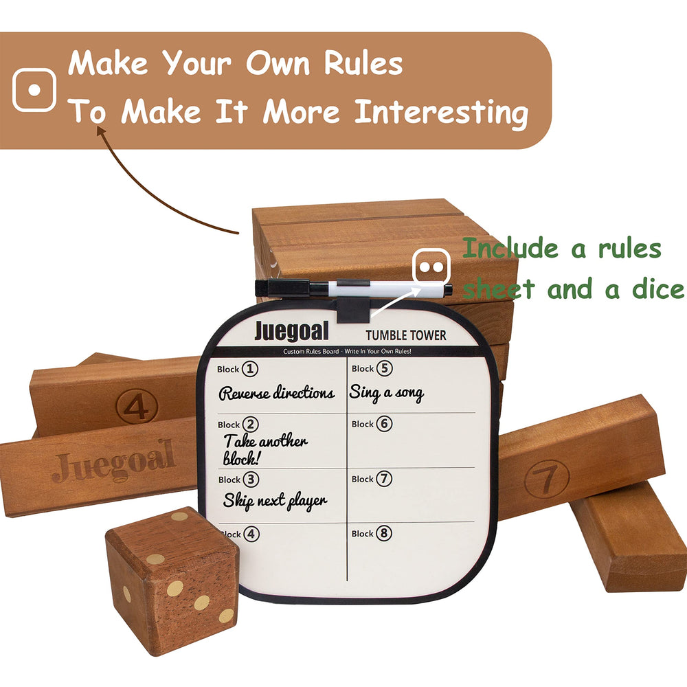 Juegoal giant tumble tower dice closeup ready for quick rounds and fast-paced play.