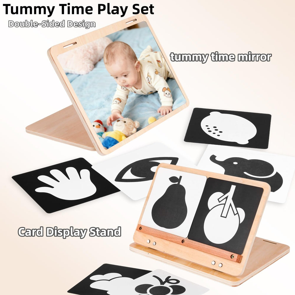 Juhg tummy time mirror measures 11x7.5 inches for a wider visual field.