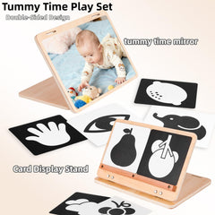 Juhg tummy time mirror measures 11x7.5 inches for a wider visual field.