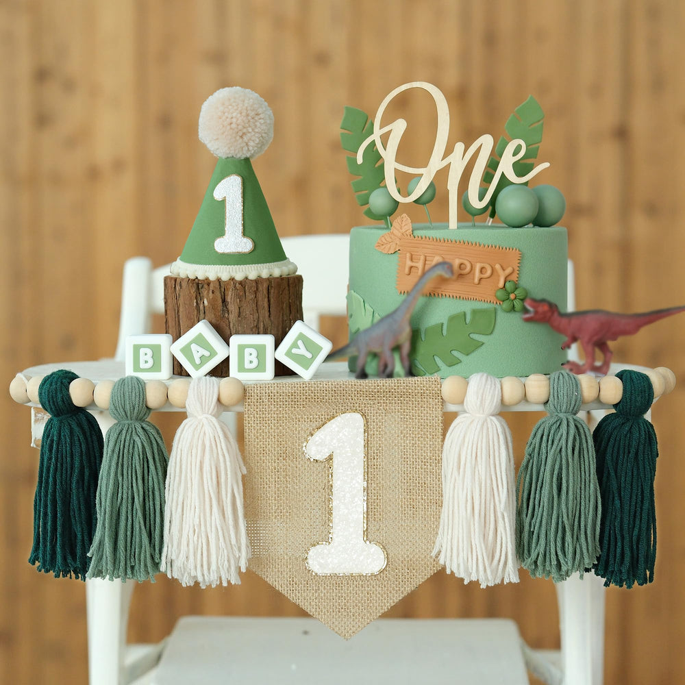 JUIIZAY first birthday green high chair banner as a bright photo backdrop for memories
