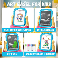 Juivin Art Easel Blue magnetic tiles enable letters and numbers learning.