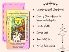 JUJU'S VIBES Sunset Tarot Cards show on-card meanings and reversed keywords for fast study.