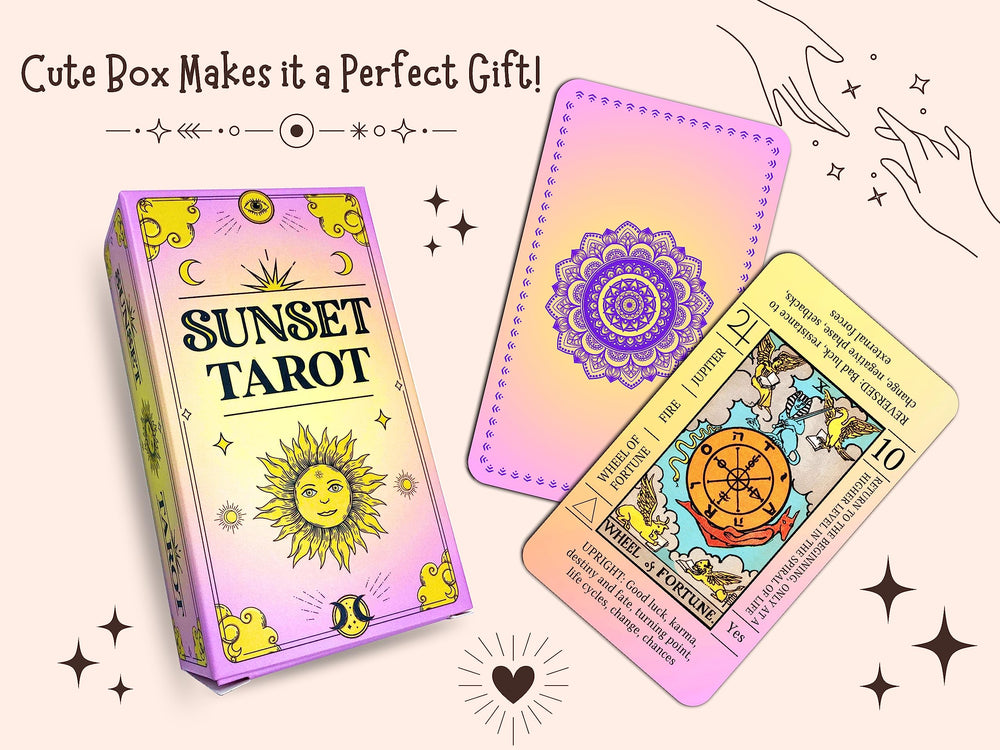 JUJU'S VIBES Sunset Tarot Deck packaging presents a charming gift-ready box.