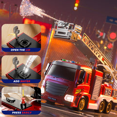 JUKUDAHU fire truck water-spraying hose demonstrates cause-and-effect play concepts.