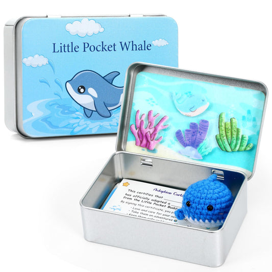 JULEASEL Little Pocket Whale tin featuring a calm blue whale, ideal desk companion for mindful moments.