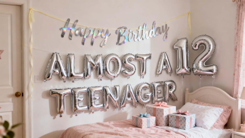 JumDaQQ Almost a Teenager foil balloons elevate a pre-teen celebration.
