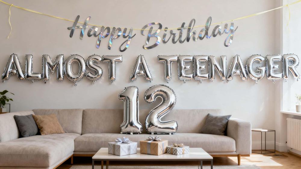 JumDaQQ Happy Birthday banner silver, for stylish 12th birthday decor.