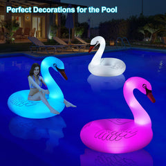 Junbig solar-powered lights illuminate the swan float for night swims