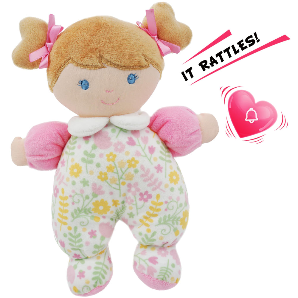 June Garden Blossom doll with brown hair and satin ties for dress-up play.