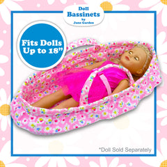 June Garden Cozy Dream Doll Bassinet features cheerful floral patterns.