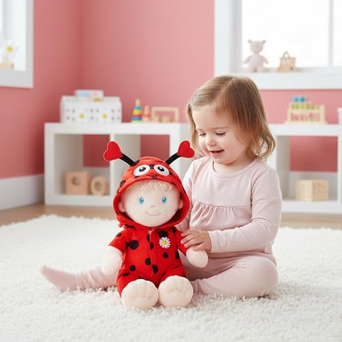 June Garden Sweet Dolly Ladybug outfit close-up highlights red jumpsuit with black polka dots