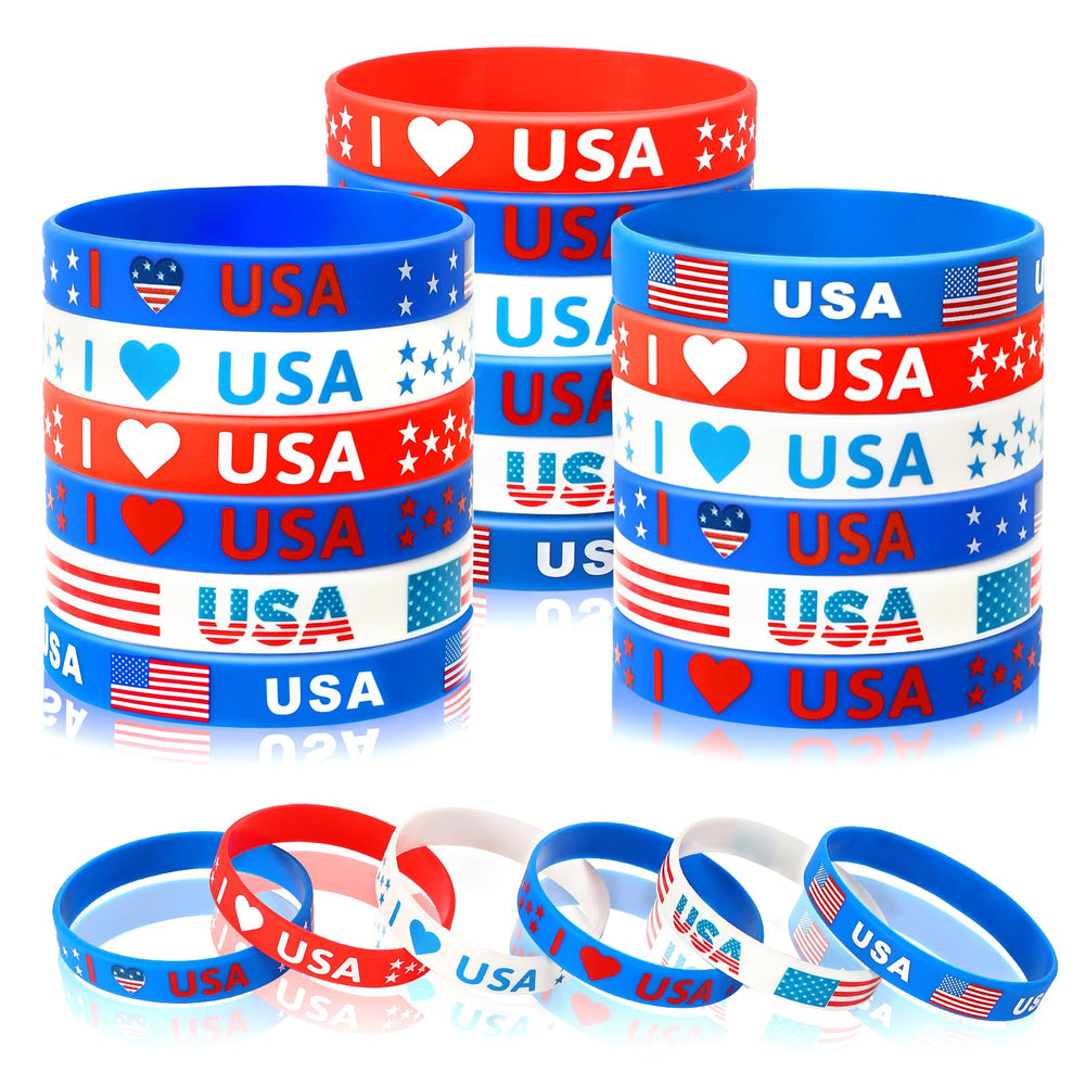 JUNEBRUSHS patriotic silicone bracelet with American flag design, ideal for Independence Day.