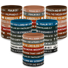 JUNEBRUSHS 64pcs Bible verse bracelets on display, vibrant silicone patterns for daily wear