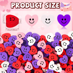 Close-up of four color heart-shaped erasers with smiling faces.