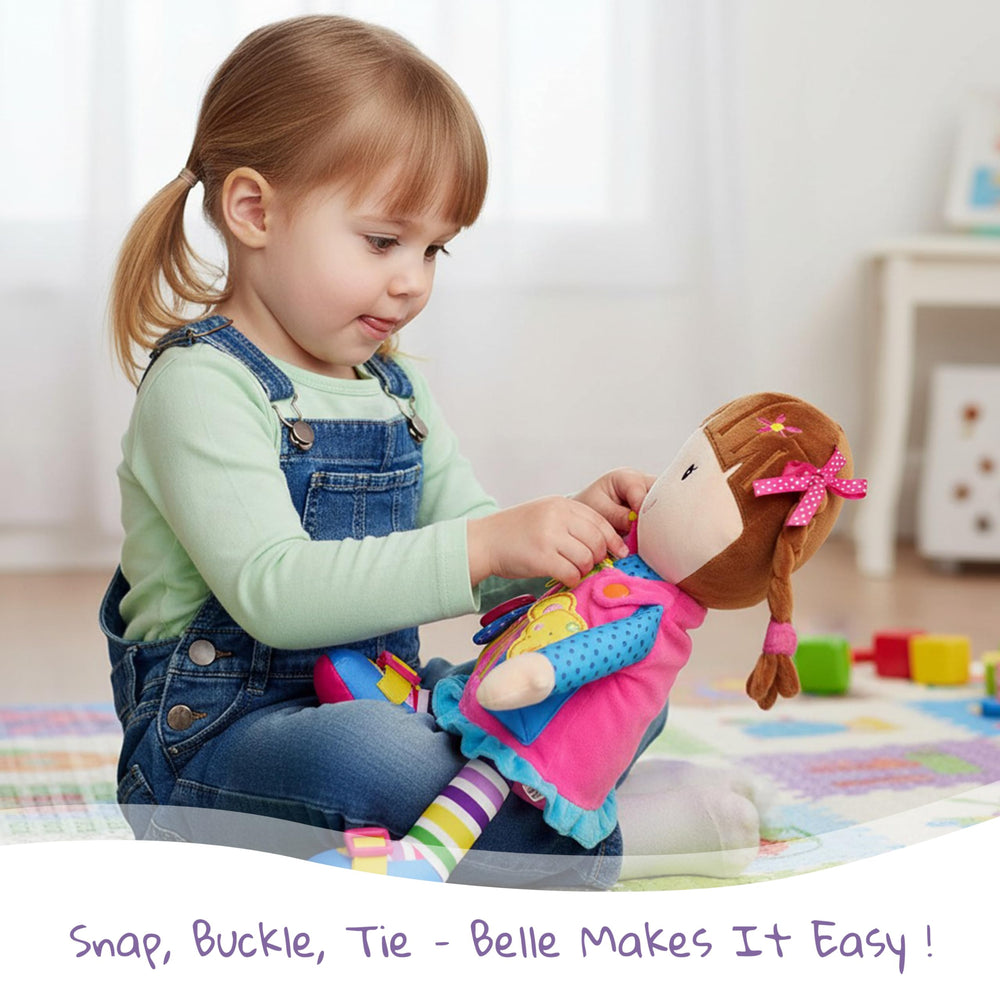 June Garden Dressy Friends Belle zipping action showcases fine motor skills development during play.