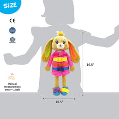 June Garden Dressy Friends Bunnie supports sensory and motor development through interactive dressing
