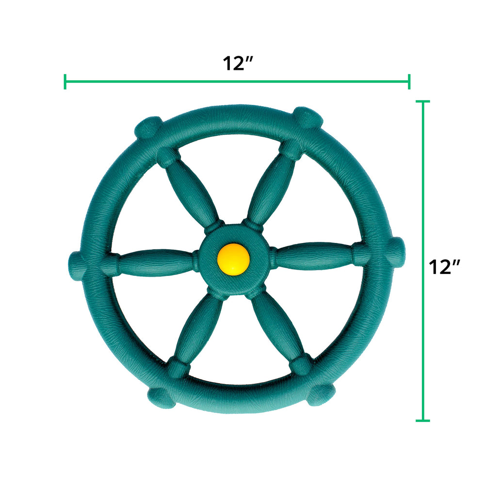 Jungle Gym Kingdom pirate ship wheel easy-install hardware enables quick setup.