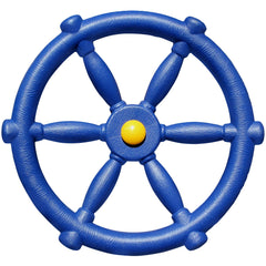 Jungle Gym Kingdom pirate ship wheel blue front view, playful steering for outdoor imagination.