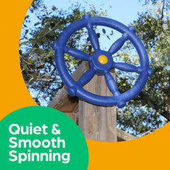 Jungle Gym Kingdom pirate ship wheel blue kid holding, promoting imaginative play and coordination.