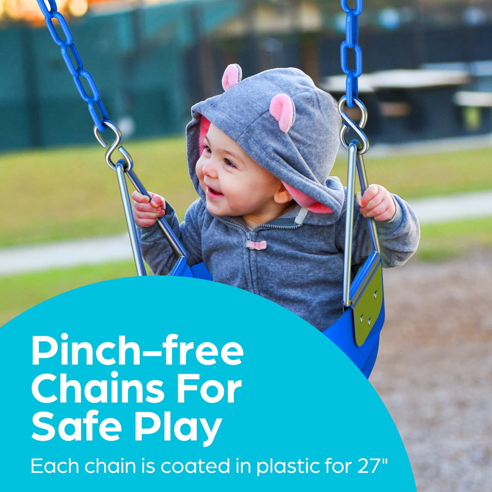 Jungle Gym Kingdom toddler swing coated chains detail emphasizing outdoor durability.