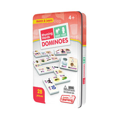 Teacher setup of Junior Learning Rhyming Word Dominoes for guided literacy play.