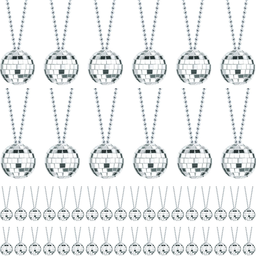 Junkin disco ball necklace with a 4 cm silver mirror ball reflecting vibrant light, ideal for parties.