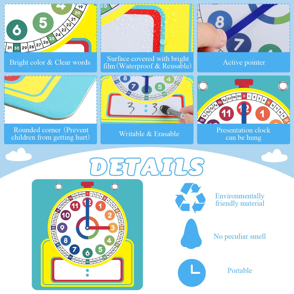 Junkin erasable surface clock is wipe-clean for repeated lessons.
