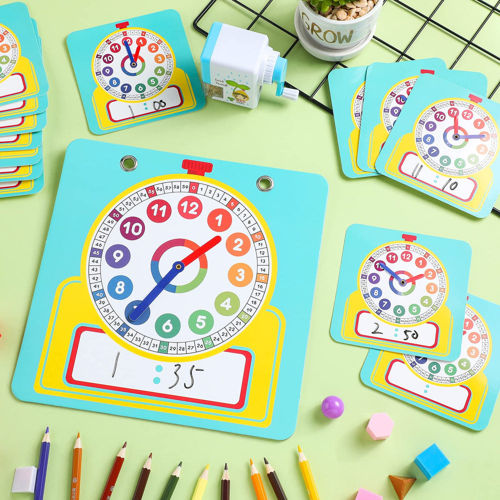 Junkin laminated learning clock supports durable, reusable classroom activities.
