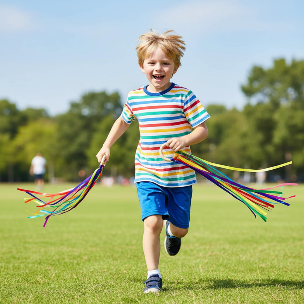 Junkin Ribbon Rings Classroom activity setup with colorful streamers.