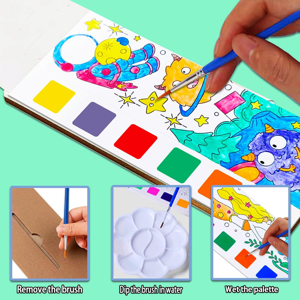 JUNQIU pocket painting book with brush included for mess-free coloring.
