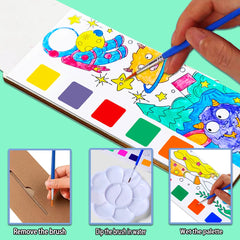 JUNQIU pocket painting book with brush included for mess-free coloring.