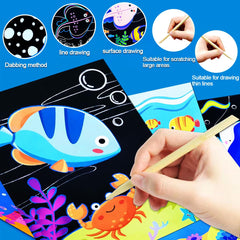 JUNQIU Scratch Art Ocean Animals Set colors reveal vibrant scenes with each scratch.