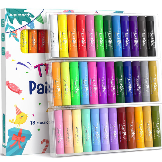 JUPITEARTH 36-color tempera sticks shown for vibrant kid-friendly art across a workspace.
