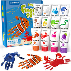 JUPITEARTH finger paints with 12 colors in easy-squeeze tubes for creative, washable fun