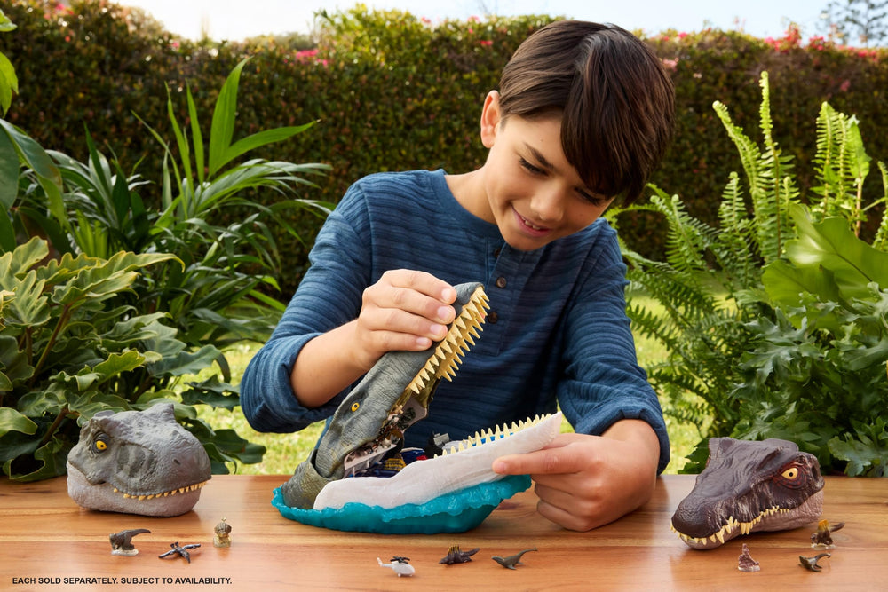 Mosasaurus playset features seven interactive elements for adventures.