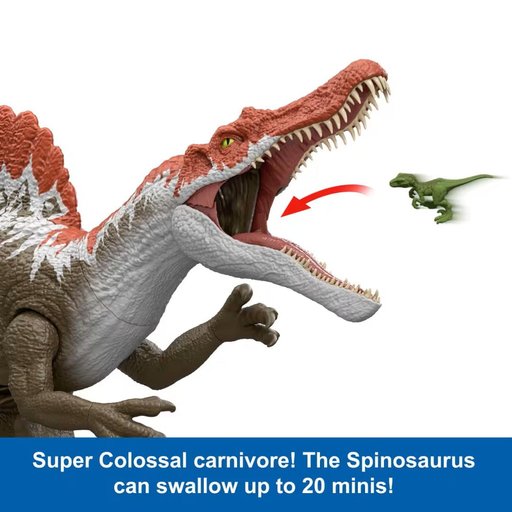 Jurassic World Spinosaurus figure, minis included, starts action with Velociraptor and Triceratops
