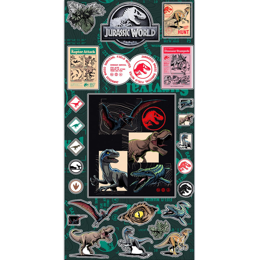 Jurassic World sticker sheet designs for party favors and birthday celebrations.
