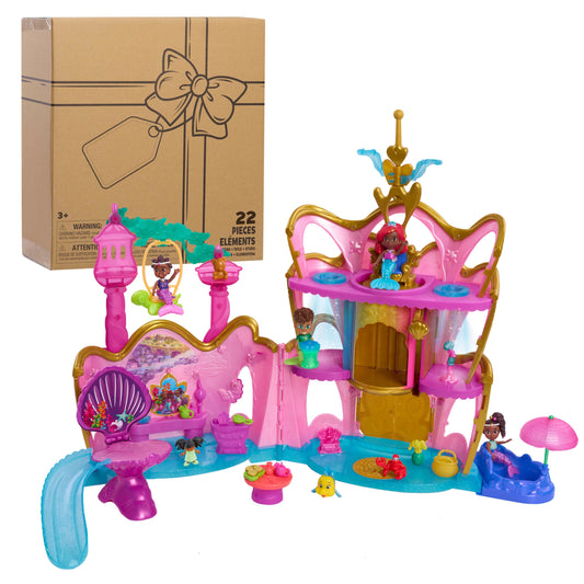 Just Play Ariel Deluxe Atlantica Palace playset front view with lights and figures for imaginative play.