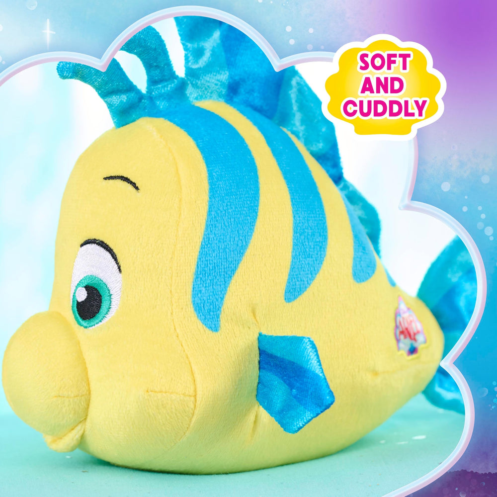 Just Play Ariel Flounder plush packaging shot, gift-ready presentation.
